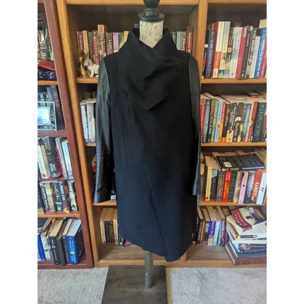 AllSaints Women's Size 6 Black Wool Leather Sleeves Italian Cloth Jacket
